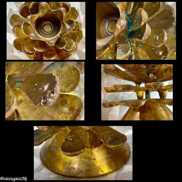 🆕VTG▪️Mid-Century Set of 4 Heavy Brass Pine Cone Taper Candle Holders - Picture 9 of 10
